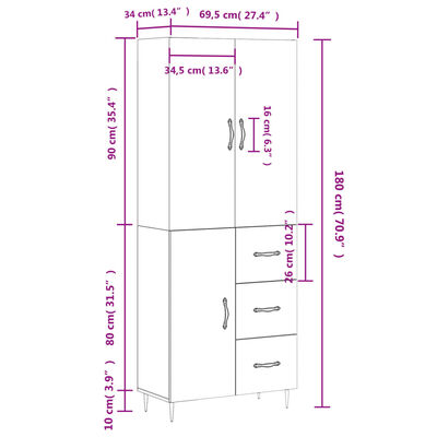 vidaXL Highboard High Gloss White 69.5x34x180 cm Engineered Wood