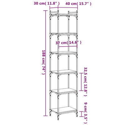 vidaXL Bookcase 6-Tier Black 40x30x188 cm Engineered Wood