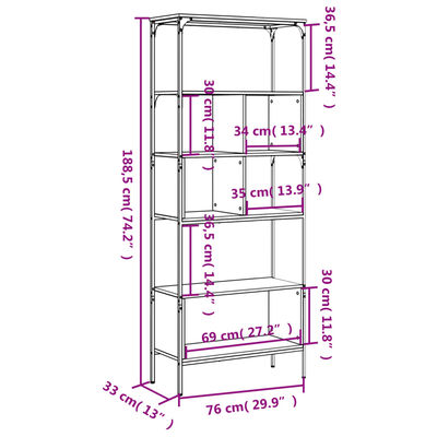 vidaXL Bookcase 5-Tier Brown Oak 76x33x188.5 cm Engineered Wood