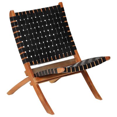 vidaXL Folding Chair Crossed-Stripe Black Real Leather