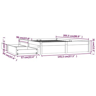 3103514 vidaXL Bed Frame without Mattress with Drawers White 140x200 cm (814950+815000)