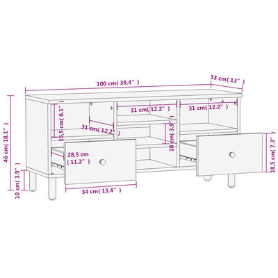 vidaXL TV Cabinet Black 100x33x46 cm Solid Wood Mango