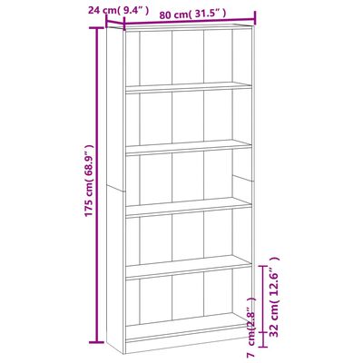 vidaXL 5-Tier Book Cabinet Smoked Oak 80x24x175 cm Engineered Wood