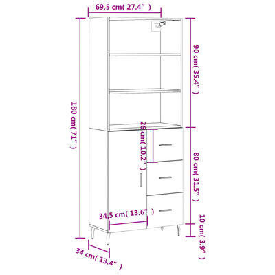 vidaXL Highboard Smoked Oak 69.5x34x180 cm Engineered Wood