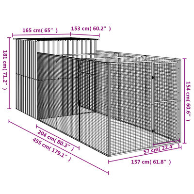 vidaXL Dog House with Run Light Grey 165x455x181 cm Galvanised Steel