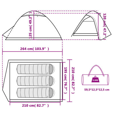 vidaXL Camping Tent Dome 3-Person Green Waterproof