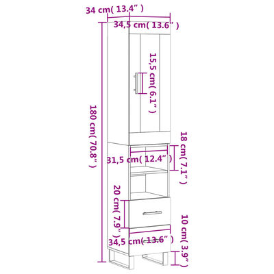 vidaXL Highboard White 34.5x34x180 cm Engineered Wood