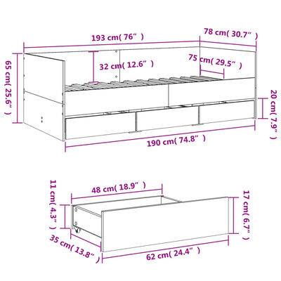 vidaXL Daybed with Drawers without Mattress Brown Oak 75x190 cm Small Single