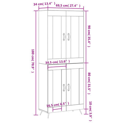 vidaXL Highboard Grey Sonoma 69.5x34x180 cm Engineered Wood