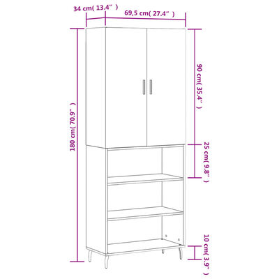 vidaXL Highboard Brown Oak 69.5x34x180 cm Engineered Wood