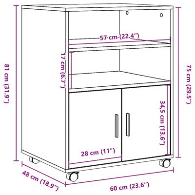 vidaXL Rolling Cabinet Grey Sonoma 60x48x81 cm Engineered Wood