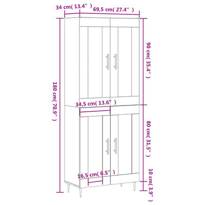 vidaXL Highboard Grey Sonoma 69.5x34x180 cm Engineered Wood