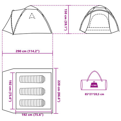 vidaXL Camping Tent Dome 3-Person Blue Quick Release