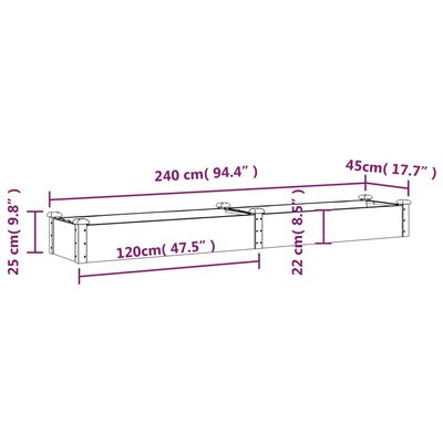 vidaXL Garden Raised Bed with Liner Brown 240x45x25 cm Solid Wood Fir