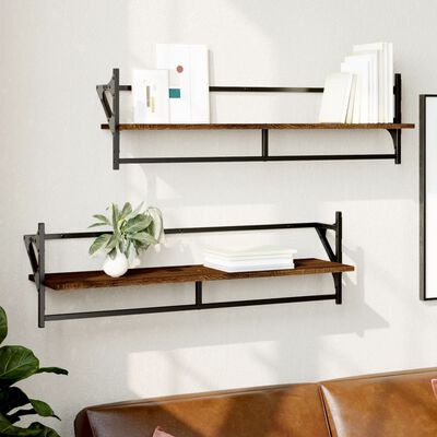 vidaXL Wall Shelves with Bars 2 pcs Brown Oak 100x25x30 cm