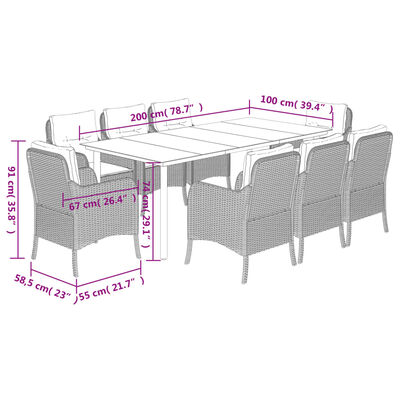 vidaXL 9 Piece Garden Dining Set with Cushions Grey Poly Rattan