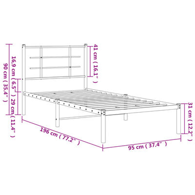 vidaXL Metal Bed Frame without Mattress with Headboard White 90x190 cm Single