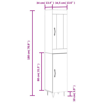 vidaXL Highboard High Gloss White 34.5x34x180 cm Engineered Wood