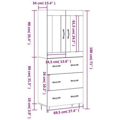 vidaXL Highboard Grey Sonoma 69.5x34x180 cm Engineered Wood