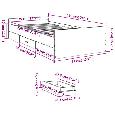 vidaXL Bed Frame with Drawers without Mattress Sonoma Oak 75x190 cm Small Single