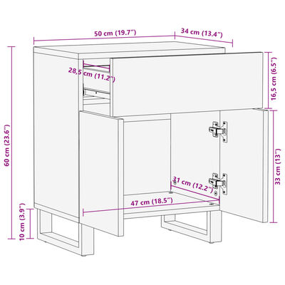 vidaXL Bedside Cabinet 50x34x60 cm Solid Wood Rough Mango