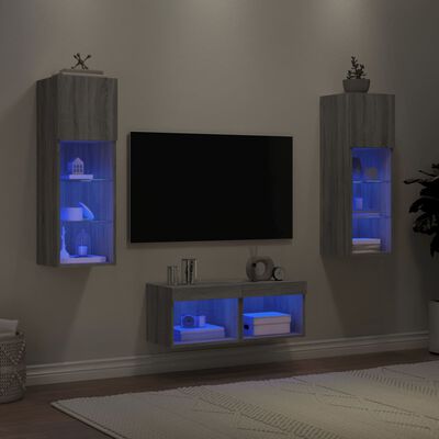 vidaXL 4 Piece TV Wall Cabinets with LED Lights Grey Sonoma