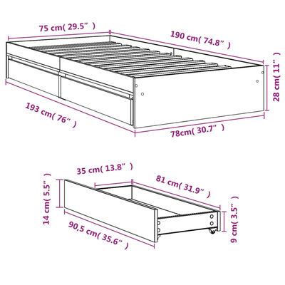 vidaXL Bed Frame with Drawers without Mattress Grey Sonoma 75x190 cm Small Single