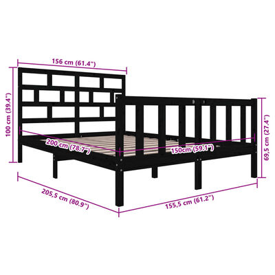 vidaXL Bed Frame without Mattress Black Solid Wood Pine King Size