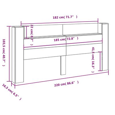 vidaXL Headboard Cabinet with LED Concrete Grey 220x16.5x103.5 cm