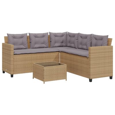 vidaXL Garden Sofa with Table and Cushions L-Shaped Beige Poly Rattan