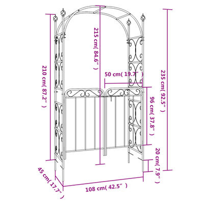 vidaXL Garden Arch with Gate Black 108x45x235 cm Steel