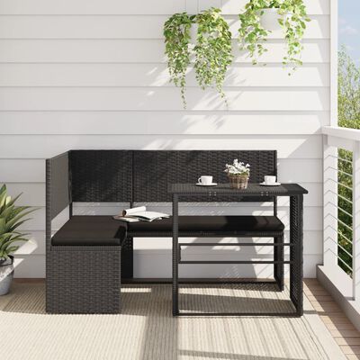 vidaXL Garden Sofa with Table and Cushions L-Shaped Black Poly Rattan