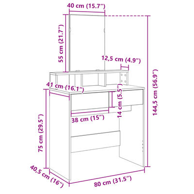 vidaXL Dressing Table with Mirror Concrete Grey 80x41x144.5 cm