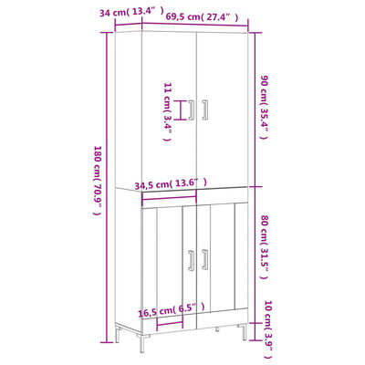 vidaXL Highboard White 69.5x34x180 cm Engineered Wood