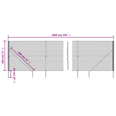 vidaXL Wire Mesh Fence with Spike Anchors Anthracite 1.8x10 m