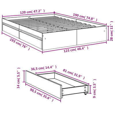 vidaXL Bed Frame with Drawers without Mattress Concrete Grey 120x190 cm Small Double