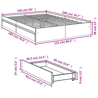 vidaXL Bed Frame with Drawers without Mattress Brown Oak 150x200 cm King Size