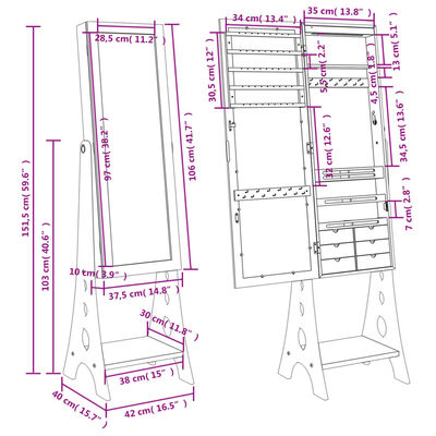 vidaXL Mirror Jewellery Cabinet with LED Lights Free Standing