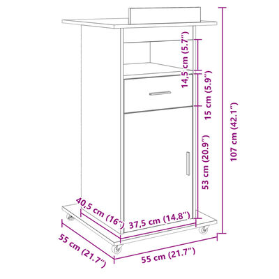 vidaXL Lectern with Wheels & Drawer Smoked Oak 55x55x107 cm Engineered Wood