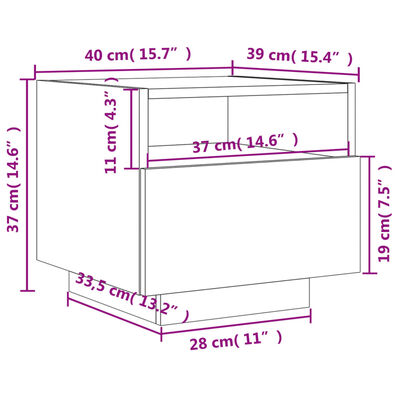 vidaXL Bedside Cabinet with LED Lights Grey Sonoma 40x39x37 cm