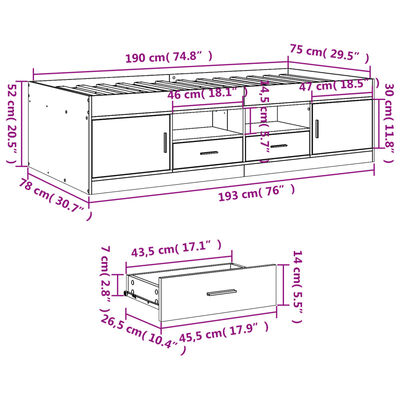 vidaXL Daybed with Drawers without Mattress Concrete Grey 75x190 cm Small Single