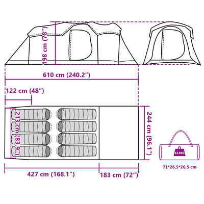 vidaXL Family Tent Tunnel 8-Person Green Waterproof