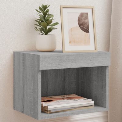 vidaXL Bedside Cabinet with LED Lights Wall-mounted Grey Sonoma