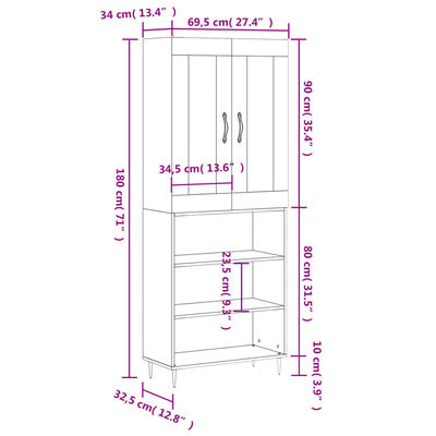 vidaXL Highboard High Gloss White 69.5x34x180 cm Engineered Wood