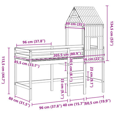 vidaXL Loft Bed with Ladder and Roof without Mattress 80x200 cm