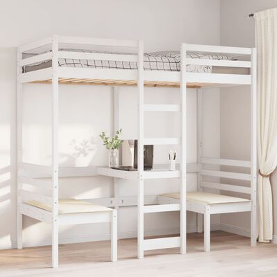 vidaXL Loft Bed Frame with Desk and Chairs White 75x190cm Solid Wood Pine