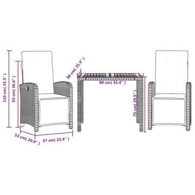 vidaXL 3 Piece Bistro Set with Cushions Black Poly Rattan