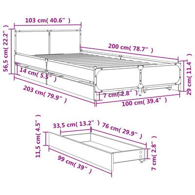 vidaXL Bed Frame with Drawers without Mattress Brown Oak 100x200 cm