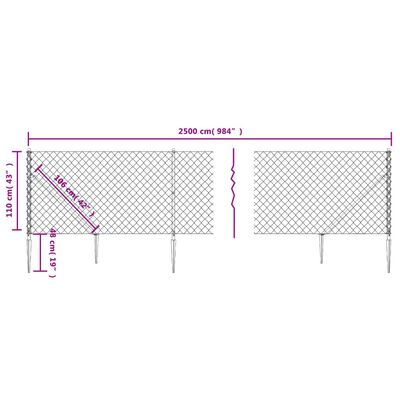 vidaXL Chain Link Fence with Spike Anchors Silver 1.1x25 m