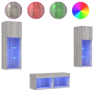 vidaXL 4 Piece TV Wall Cabinets with LED Lights Grey Sonoma